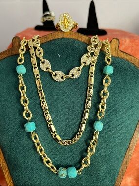 Gold Layered Necklaces w/ Turquoise Beads; Status-link bracelet & Ring (adj)